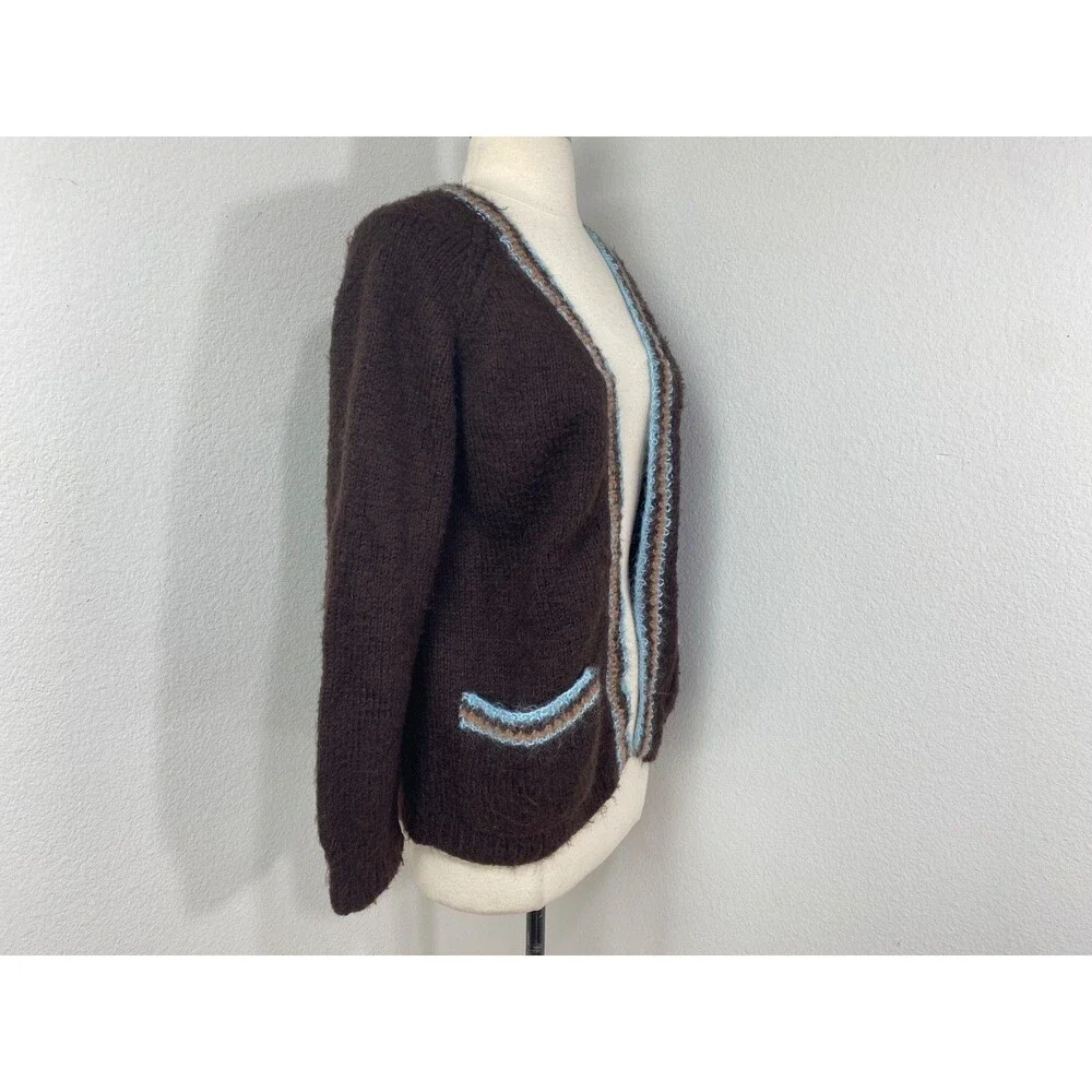 Vintage Hand Knit Brown Wool Open Front Cardigan Mohair Blue Trim Pockets S/M